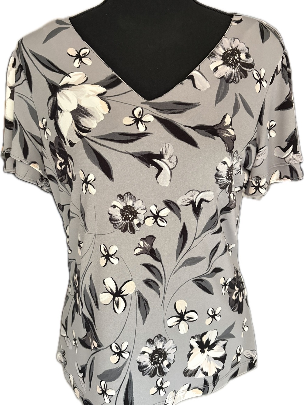 Calvin Klein Gray Floral V-Neck Flutter Sleeve Top M